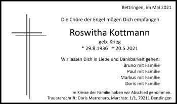 Traueranzeige von Roswitha Kottmann von Gmünder Tagespost