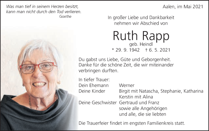  Traueranzeige für Ruth Rapp vom 15.05.2021 aus Schwäbische Post