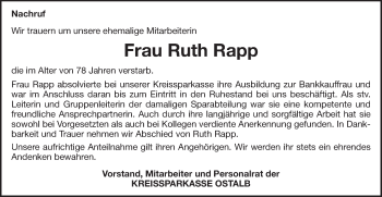 Traueranzeige von Ruth Rapp von Schwäbische Post