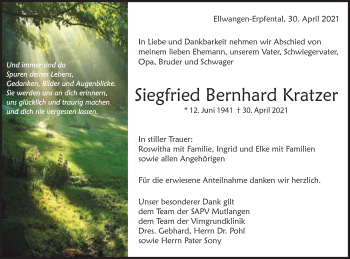 Traueranzeige von Siegfried Bernhard Kratzer von Schwäbische Post
