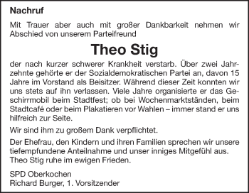 Traueranzeige von Theo Stig von Amtsblatt_Oko