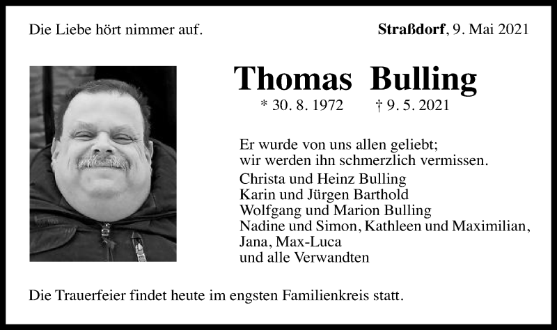  Traueranzeige für Thomas Bulling vom 12.05.2021 aus Gmünder Tagespost