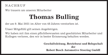 Traueranzeige von Thomas Bulling von Gmünder Tagespost