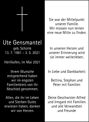 Traueranzeige von Ute Gensmantel