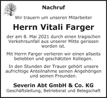 Traueranzeige von Vitali Farger von Gmünder Tagespost