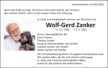 Traueranzeige von Wolf-Gerd Zanker von Schwäbische Post