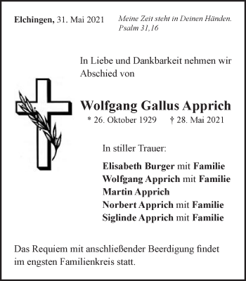 Traueranzeige von Wolfgang Gallus Apprich von Schwäbische Post