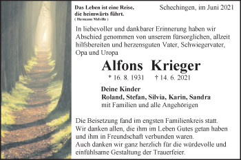 Traueranzeige von Alfons Krieger von Gmünder Tagespost