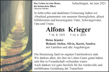 Traueranzeige von Alfons Krieger