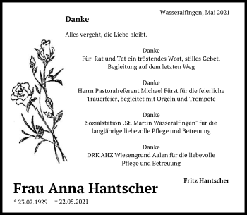 Traueranzeige von Anna Hantscher von Schwäbische Post