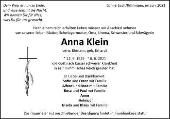 Traueranzeige von Anna Klein von Schwäbische Post
