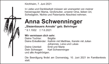 Traueranzeige von Anna Schwenninger von Schwäbische Post