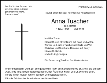 Traueranzeige von Anna Tuscher von Schwäbische Post