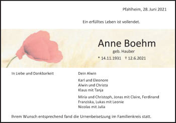 Traueranzeige von Anne Boehm von Schwäbische Post