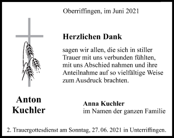 Traueranzeige von Anton Kuchler von Schwäbische Post