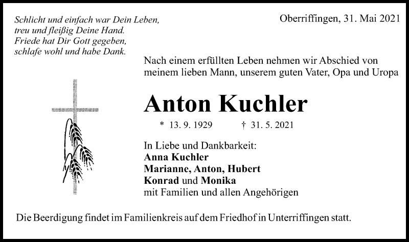  Traueranzeige für Anton Kuchler vom 02.06.2021 aus Schwäbische Post