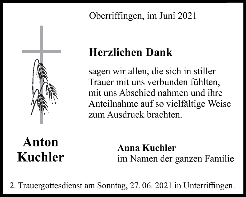  Traueranzeige für Anton Kuchler vom 24.06.2021 aus Schwäbische Post