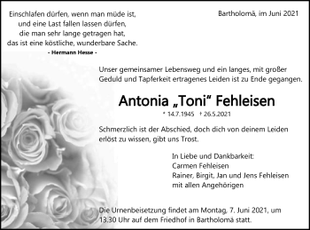 Traueranzeige von Antonia  Fehleisen von Gmünder Tagespost