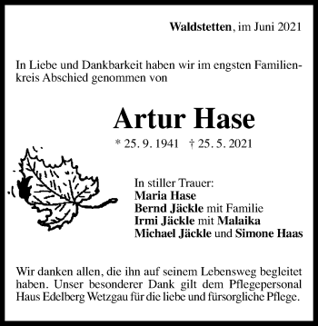 Traueranzeige von Artur Hase von Gmünder Tagespost