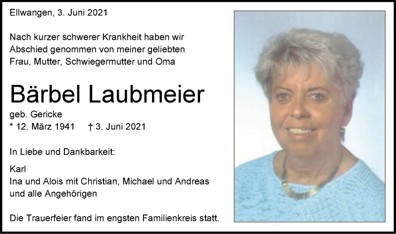  Traueranzeige für Bärbel Laubmeier vom 09.06.2021 aus Schwäbische Post