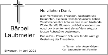 Traueranzeige von Bärbel Laubmeier von Schwäbische Post
