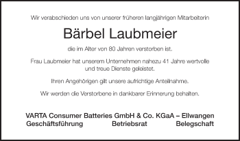 Traueranzeige von Bärbel Laubmeier von Schwäbische Post