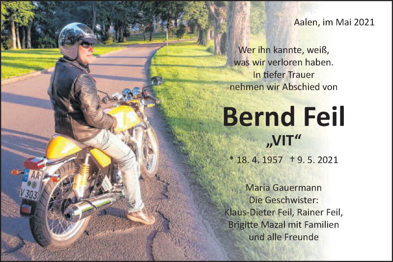  Traueranzeige für Bernd Feil vom 02.06.2021 aus Schwäbische Post
