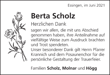 Traueranzeige von Berta Scholz von Schwäbische Post