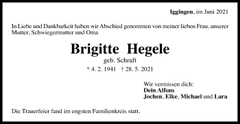 Traueranzeige von Brigitte Hegele von Gmünder Tagespost