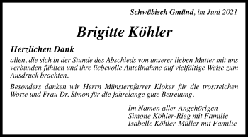 Traueranzeige von Brigitte Köhler von Gmünder Tagespost