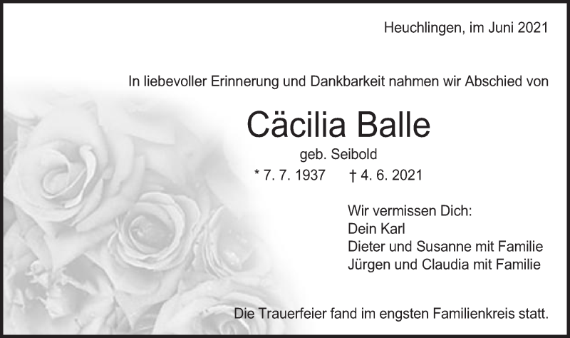  Traueranzeige für Cäcilia Balle vom 16.06.2021 aus Gmünder Tagespost