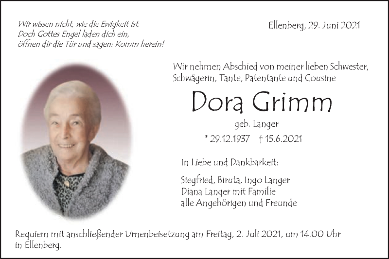  Traueranzeige für Dora Grimm vom 29.06.2021 aus Schwäbische Post