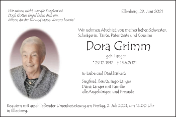 Traueranzeige von Dora Grimm von Schwäbische Post