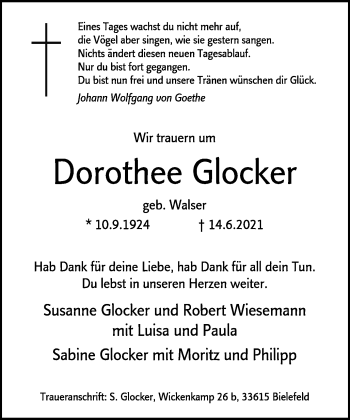 Traueranzeige von Dorothee Glocker von Gmünder Tagespost