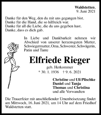 Traueranzeige von Elfriede Rieger von Gmünder Tagespost