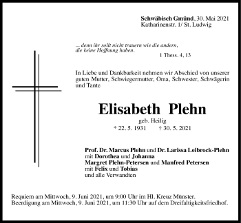Traueranzeige von Elisabeth Plehn von Gmünder Tagespost