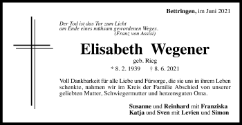 Traueranzeige von Elisabeth Wegener von Gmünder Tagespost