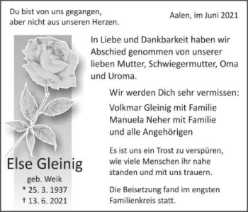 Traueranzeige von Else Gleinig von Schwäbische Post