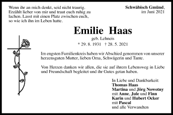 Traueranzeige von Emilie Haas von Gmünder Tagespost