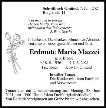 Traueranzeige von Erdmute Maria Mazzei von Gmünder Tagespost