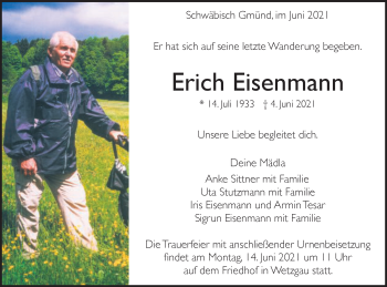 Traueranzeige von Erich Eisenmann von Gmünder Tagespost