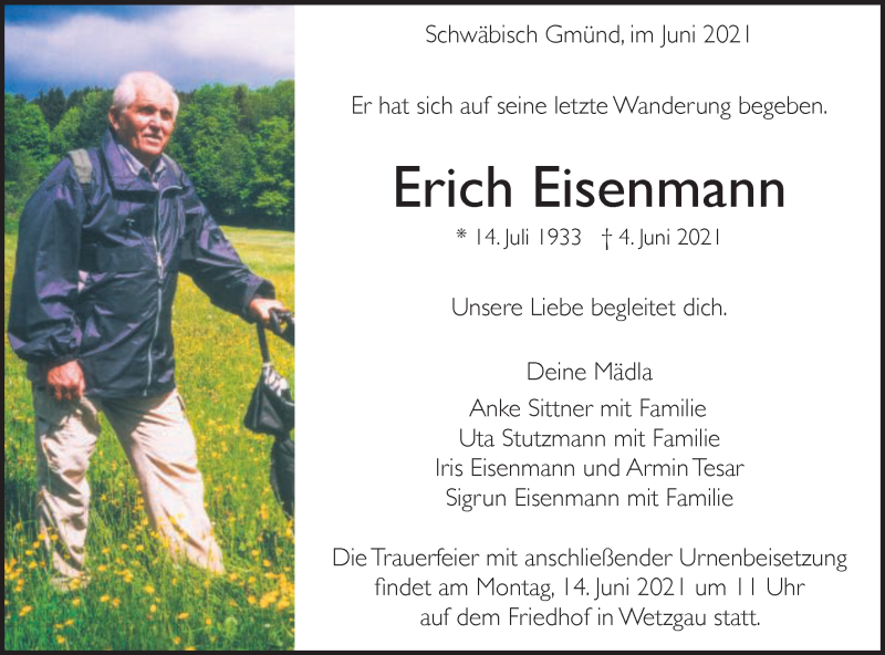  Traueranzeige für Erich Eisenmann vom 10.06.2021 aus Gmünder Tagespost