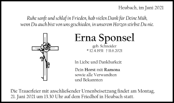 Traueranzeige von Erna Sponsel von Gmünder Tagespost