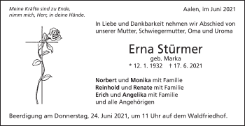 Traueranzeige von Erna Stürmer von Schwäbische Post