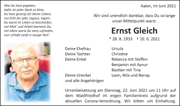 Traueranzeige von Ernst Gleich von Schwäbische Post
