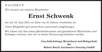 Traueranzeige von Ernst Schwenk von Gmünder Tagespost