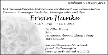 Traueranzeige von Erwin Hanke von Schwäbische Post