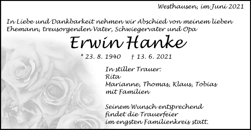  Traueranzeige für Erwin Hanke vom 21.06.2021 aus Schwäbische Post