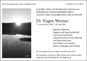 Traueranzeige von Eugen Weimer von Schwäbische Post