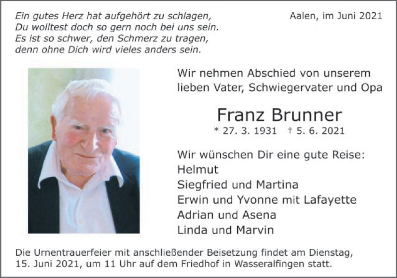  Traueranzeige für Franz Brunner vom 11.06.2021 aus Schwäbische Post